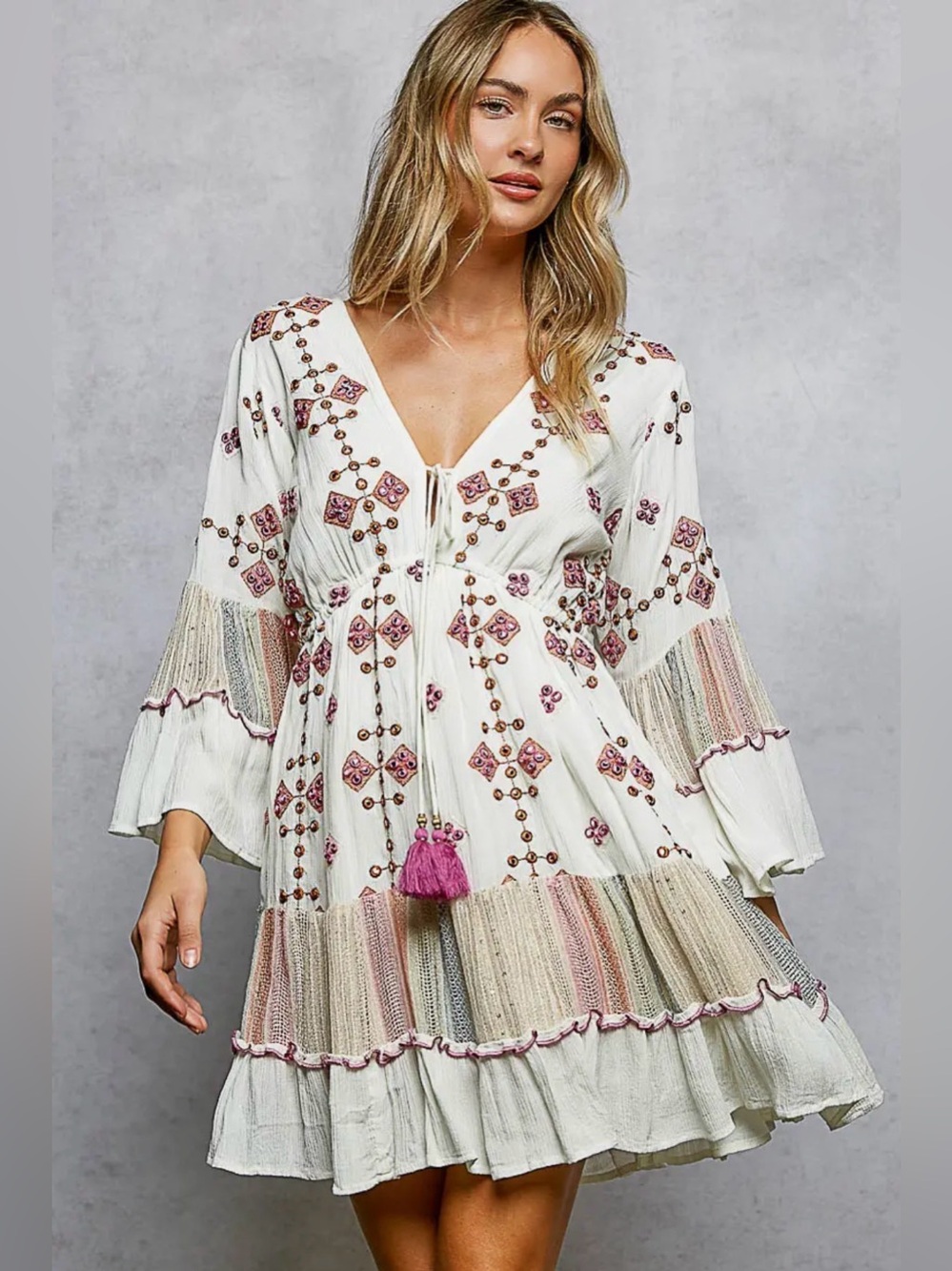 POL boho Aztec lace crochet tapestry patchwork floral tassel tunic top dress